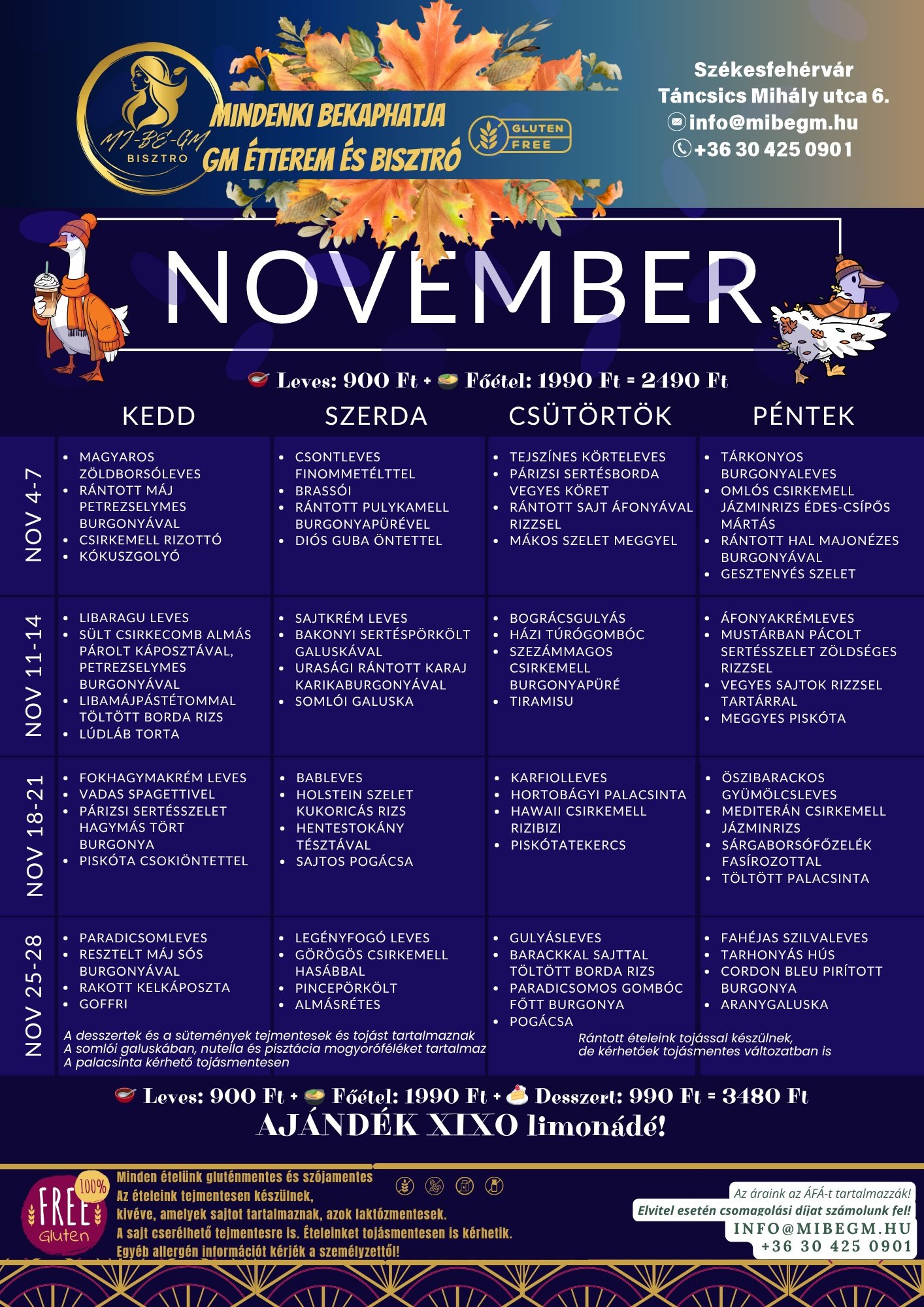 Novemberi menü tábla